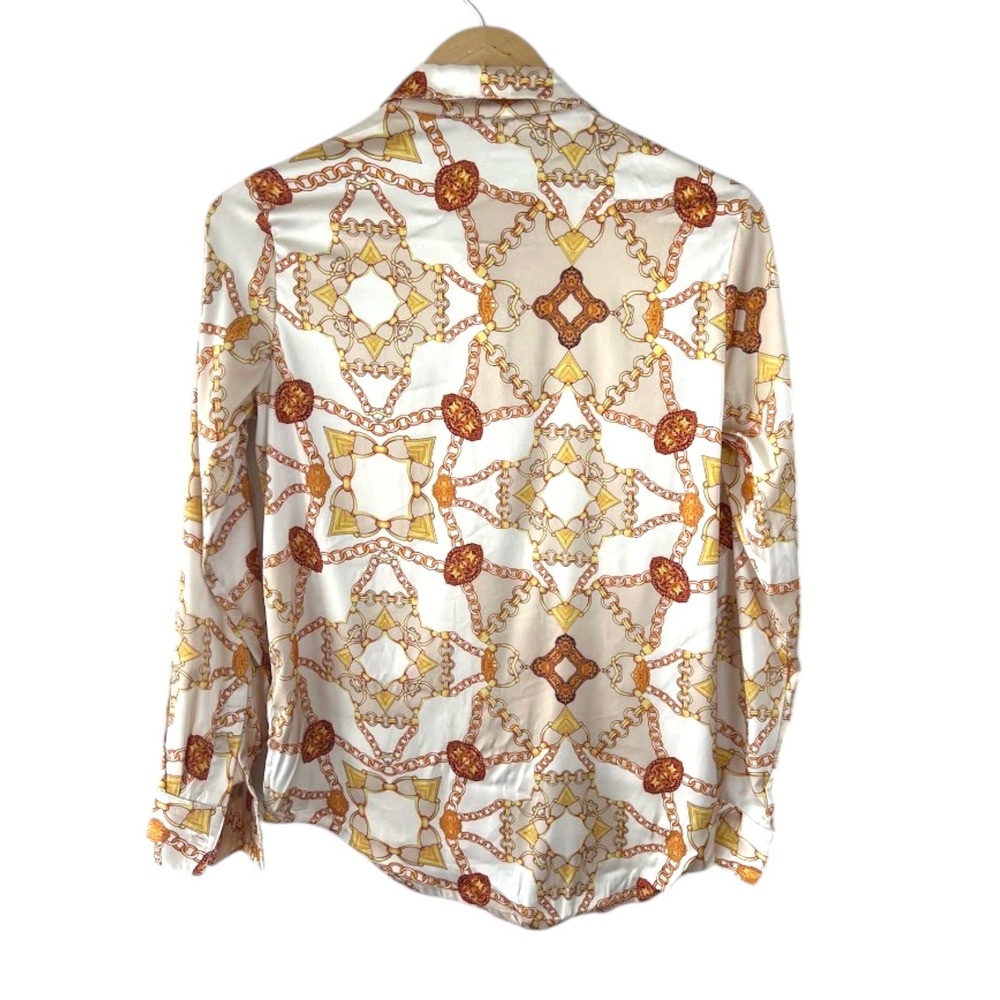 Guess Chain Print Button Front Blouse Womens XS Ivory Gold Long Sleeve - Picture 2 of 10